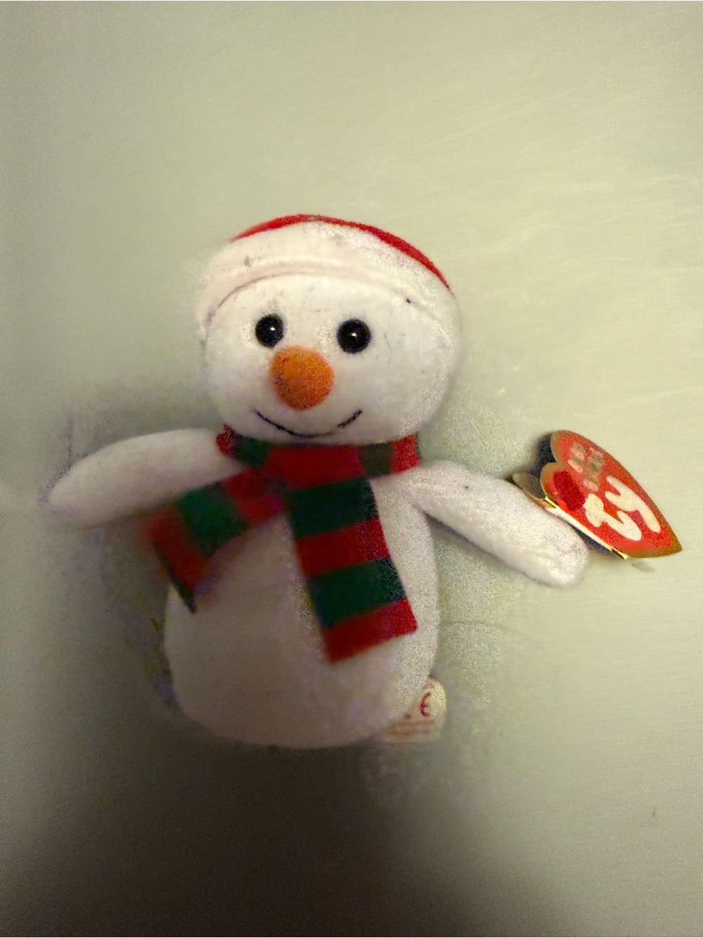Ty White Snowman Plush with Red & Green Scarf
